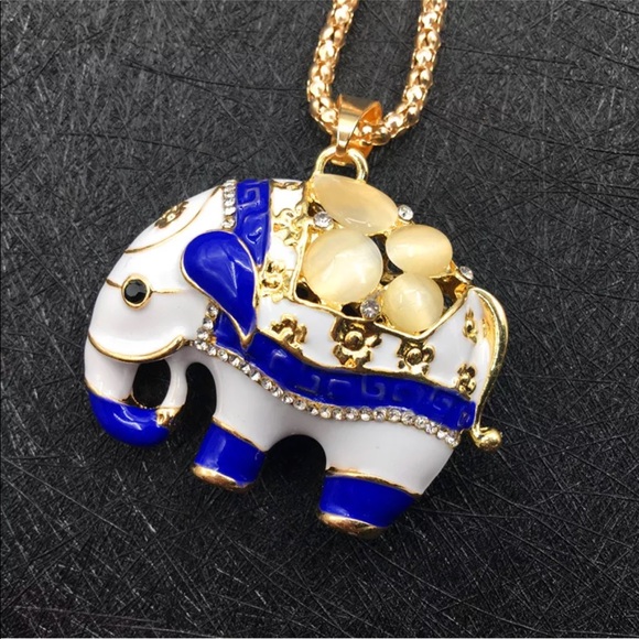 Jewelry - Enamel Gold Filled Blue Elephant Necklace